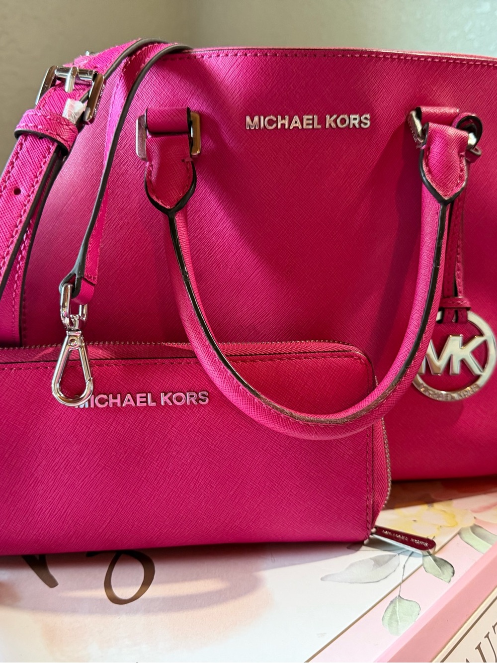 Michael Kors Hot Pink Saffiano Leather Satchel with Matching Wallet